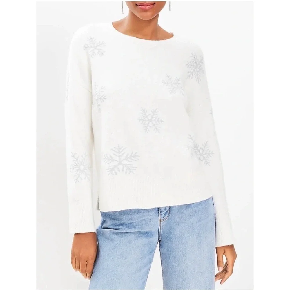 Ann Taylor LOFT Womens Size XL Shimmer Snowflake Sweater in Cream/Silver $70